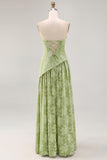 Sage Green Floral Strapless A Line Long Bridesmaid Dress with Slit