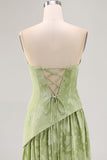 Sage Green Floral Strapless A Line Long Bridesmaid Dress with Slit