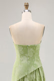 Sage Green Floral Strapless A Line Long Bridesmaid Dress with Slit