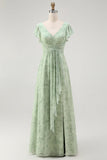 Dusty Sage A Line V Neck Ruffled Bridesmaid Dress with Slit
