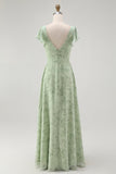 Dusty Sage A Line V Neck Ruffled Bridesmaid Dress with Slit