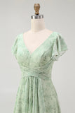 Dusty Sage A Line V Neck Ruffled Bridesmaid Dress with Slit