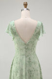 Dusty Sage A Line V Neck Ruffled Bridesmaid Dress with Slit