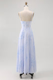 Blue Floral Spaghetti Straps Chiffon A Line Bridesmaid Dress