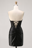 Corset Strapless Bodycon Black Short Cocktail Dress with Lace