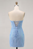 Blue Bodycon Strapless Beaded Short Homecoming Dress