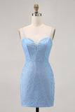 Blue Bodycon Strapless Beaded Short Homecoming Dress