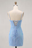 Blue Bodycon Strapless Beaded Short Homecoming Dress