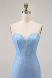 Blue Bodycon Strapless Beaded Short Homecoming Dress