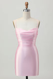 Blush Pink Bodycon Spaghetti Straps Short Homecoming Dress with Lace Up Back