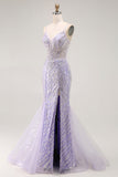 Mermaid Sequin Purple Long Prom Dress with Slit