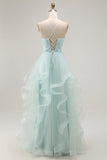 A Line Light Green Appliqued Tulle Long Prom Dress