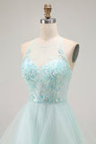 A Line Light Green Appliqued Tulle Long Prom Dress