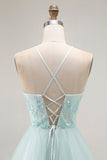 A Line Light Green Appliqued Tulle Long Prom Dress