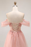 Blush Off The Shoulder Beaded A Line Tulle Long Prom Dress