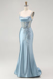 Grey Blue Mermaid Beaded Appliqued Corset Long Prom Dress with Slit