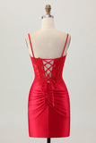 Dark Red Spaghetti Straps Beaded Short Tight Homecoming Dress with Lace Up Back