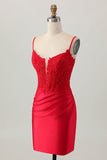 Dark Red Spaghetti Straps Beaded Short Tight Homecoming Dress with Lace Up Back