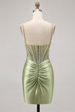 Sage Green Beaded Corset Tight Ruched Short Homecoming Dress with Rhinestones