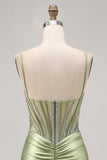 Sage Green Beaded Corset Tight Ruched Short Homecoming Dress with Rhinestones