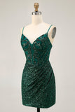 Sparkly Bodycon Dark Green Sequins Corset Homecoming Dress