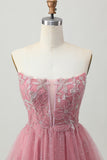 Dusty Rose A-Line Strapless Tiered Tulle Short Homecoming Dress with Beading