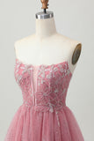 Dusty Rose A-Line Strapless Tiered Tulle Short Homecoming Dress with Beading