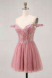 Off The Shoulder Dusty Rose Floral A Line Homecoming Dress