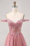 Off The Shoulder Dusty Rose Floral A Line Homecoming Dress