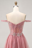 Off The Shoulder Dusty Rose Floral A Line Homecoming Dress