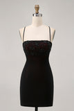 Black Bodycon Spaghetti Straps Short Homecoming Dress with Beading