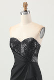 Black Strapless Corset Bodycon Beaded Homecoming Dress with Slit
