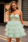Light Green A Line Strapless Corset Tiered Short Homecoming Dress