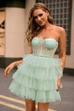 Light Green A Line Strapless Corset Tiered Short Homecoming Dress