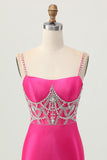 Fuchsia Bodycon Spaghetti Straps Satin Homecoming Dress with Slit