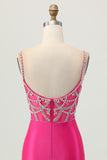 Fuchsia Bodycon Spaghetti Straps Satin Homecoming Dress with Slit
