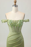 Green Off The Shoulder Corset Sequins Bodycon Homecoming Dress