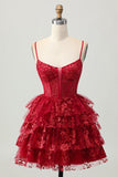 Sparkly Dark Red A-Line Tiered Corset Sequin Mini Homecoming Dress