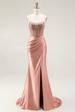 Sparkly Blush Mermaid Beaded Strapless Long Corset Formal Dress With Slit