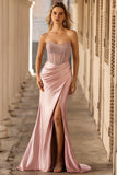 Sparkly Blush Mermaid Beaded Strapless Long Corset Formal Dress With Slit