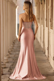 Sparkly Blush Mermaid Beaded Strapless Long Corset Formal Dress With Slit