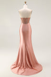 Sparkly Blush Mermaid Beaded Strapless Long Corset Formal Dress With Slit