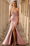 Sparkly Blush Mermaid Beaded Strapless Long Corset Formal Dress With Slit