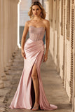 Sparkly Blush Mermaid Beaded Strapless Long Corset Formal Dress With Slit