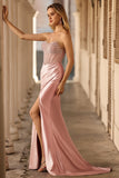 Sparkly Blush Mermaid Beaded Strapless Long Corset Formal Dress With Slit