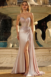 Sparkly Champagne Mermaid Corset Beaded Side Streamer Long Formal Dress with Slit