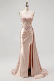 Sparkly Champagne Mermaid Corset Beaded Side Streamer Long Formal Dress with Slit