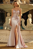 Sparkly Champagne Mermaid Corset Beaded Side Streamer Long Formal Dress with Slit