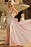 Sparkly Champagne Mermaid Corset Beaded Side Streamer Long Formal Dress with Slit