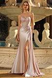 Sparkly Champagne Mermaid Corset Beaded Side Streamer Long Formal Dress with Slit